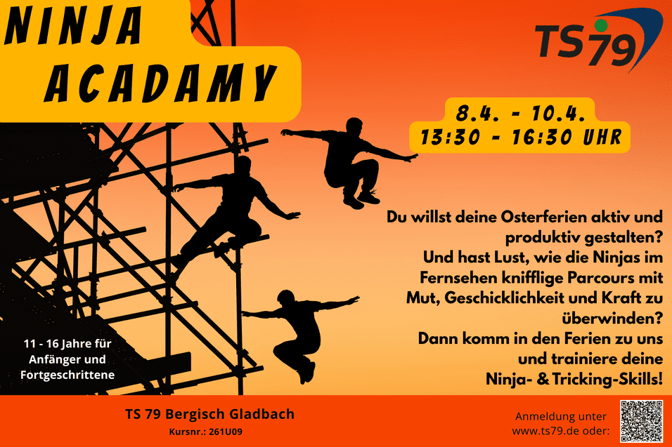 Buntes Plakat für die Ninja Academy mit Informationen zu Kursdaten und Aktivitäten für Jugendliche von 11 bis 16 Jahren.