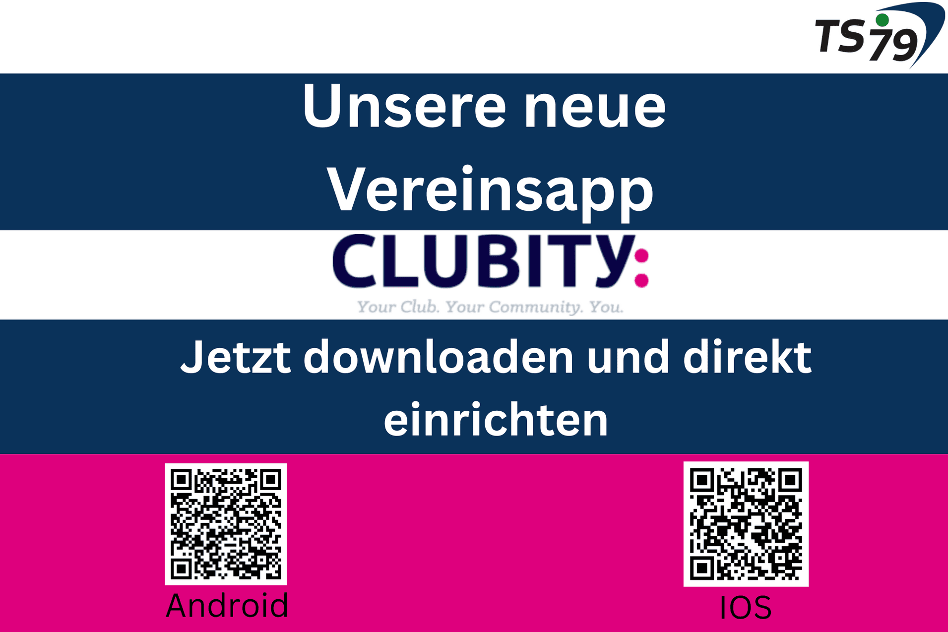 Banner f&uuml;r die Vereinsapp "CLUBITY" mit QR-Codes f&uuml;r Android und iOS zum Download und zur Einrichtung.