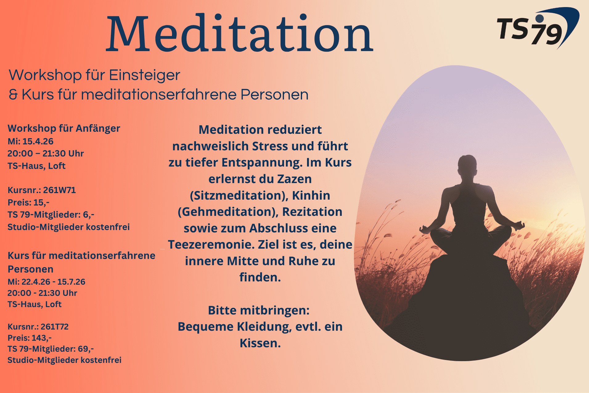 Workshop-Info &uuml;ber Meditation: Daten, Zeiten und Inhalte f&uuml;r Einsteiger und Fortgeschrittene, begleitet von einer meditativen Silhouette.