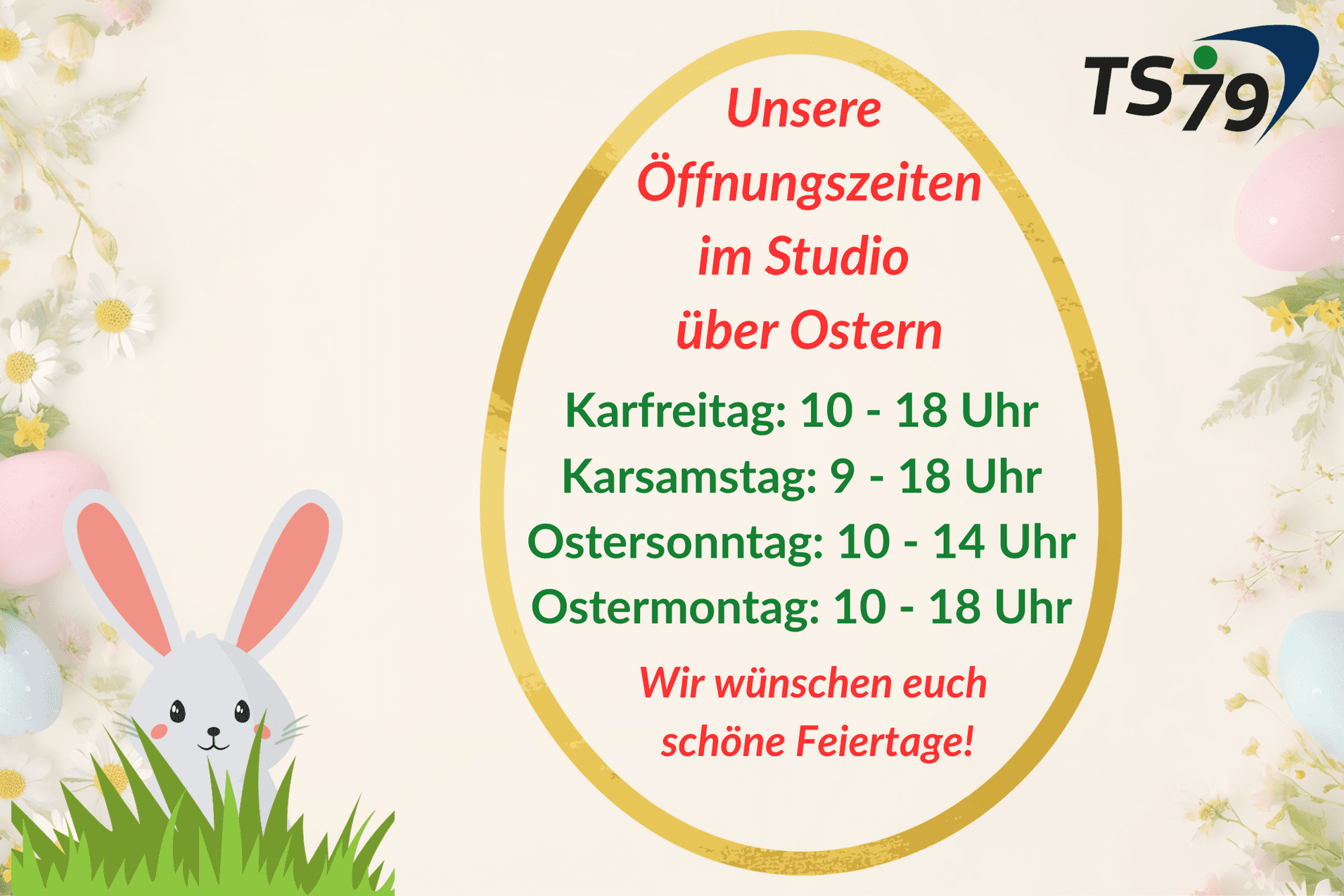&Ouml;ffnungszeiten eines Studios &uuml;ber Ostern, umgeben von bunten Eiern und Fr&uuml;hlingsgrafiken. Text in goldenem Ei.