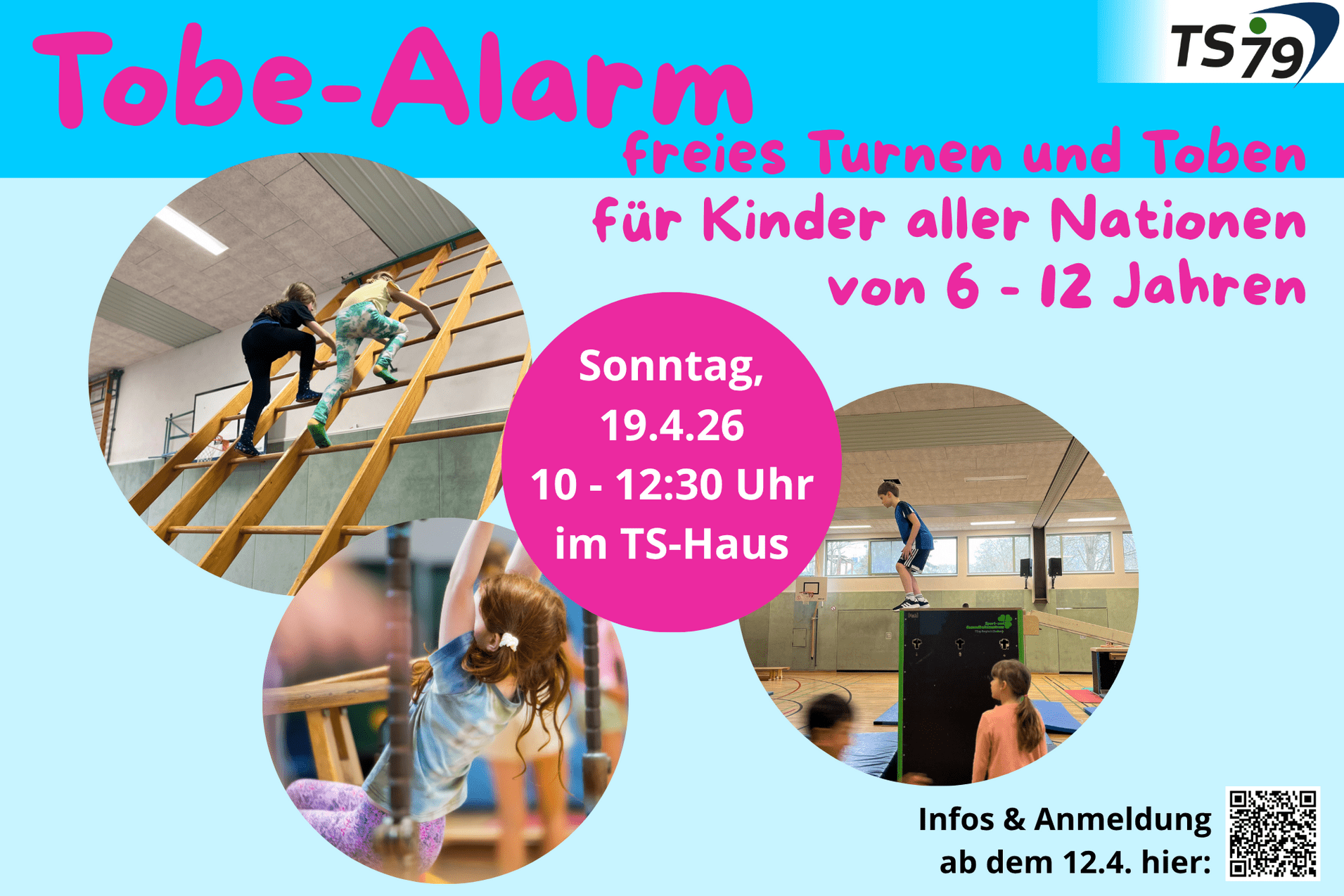 Plakat f&uuml;r den &bdquo;Tobe-Alarm&ldquo;: Freies Turnen f&uuml;r Kinder von 6-12 Jahren am 19. April 2026 im TS-Haus.