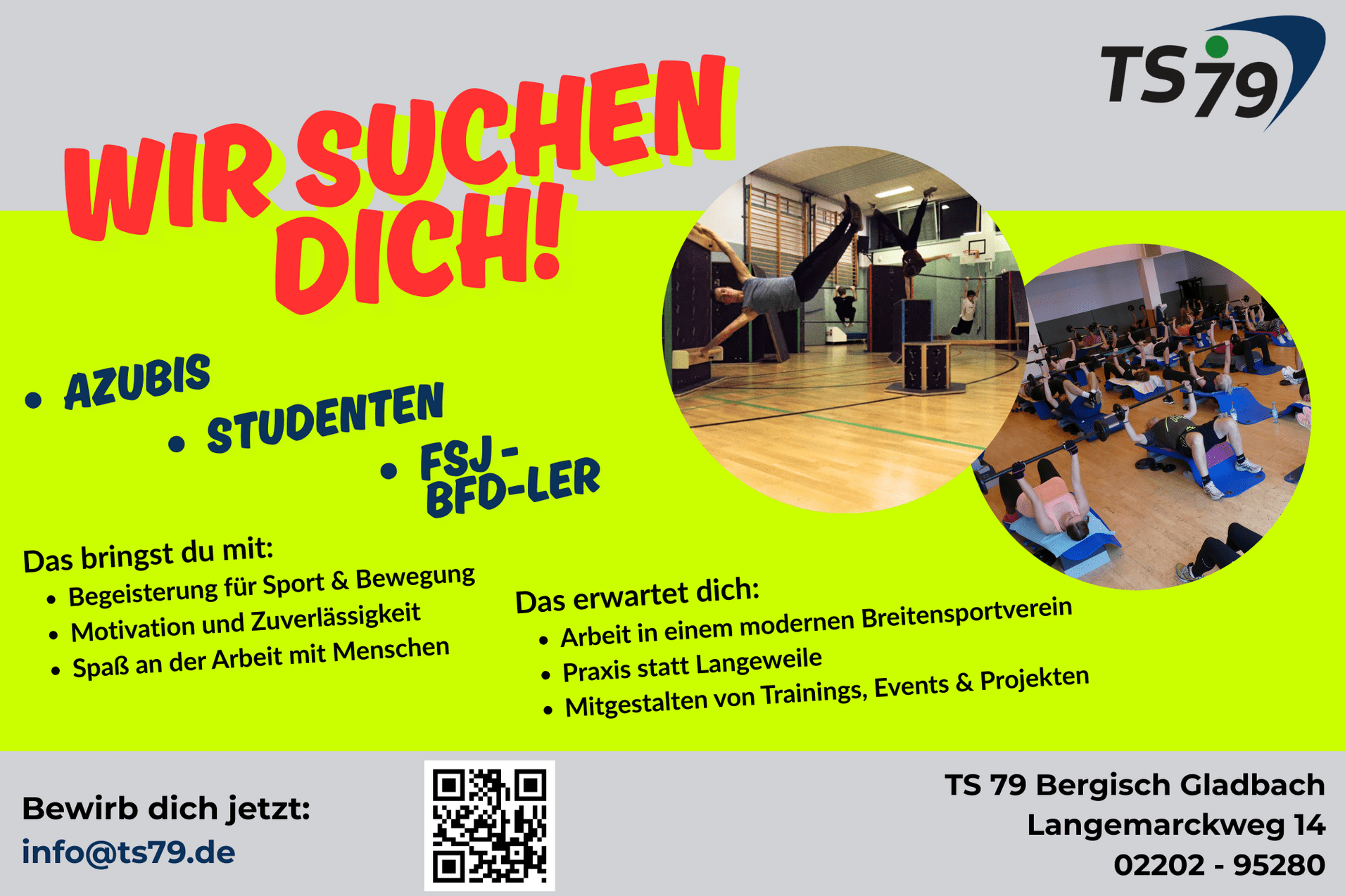 Bild f&uuml;r eine Stellenanzeige: &bdquo;Wir suchen dich!&ldquo; steht prominent, umgeben von Informationen f&uuml;r Azubis und Studenten.