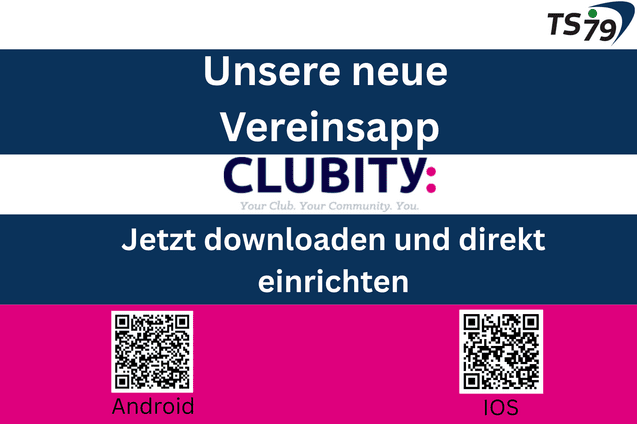 Banner f&uuml;r die Vereinsapp "CLUBITY" mit QR-Codes f&uuml;r Android und iOS zum Download und zur Einrichtung.