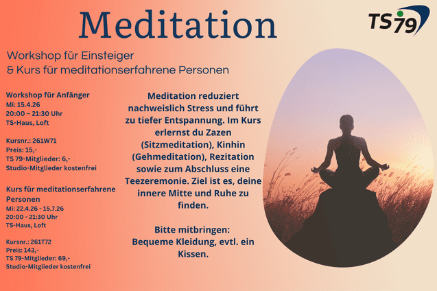 Workshop-Info &uuml;ber Meditation: Daten, Zeiten und Inhalte f&uuml;r Einsteiger und Fortgeschrittene, begleitet von einer meditativen Silhouette.