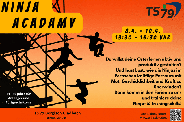 Buntes Plakat f&uuml;r die Ninja Academy mit Informationen zu Kursdaten und Aktivit&auml;ten f&uuml;r Jugendliche von 11 bis 16 Jahren.