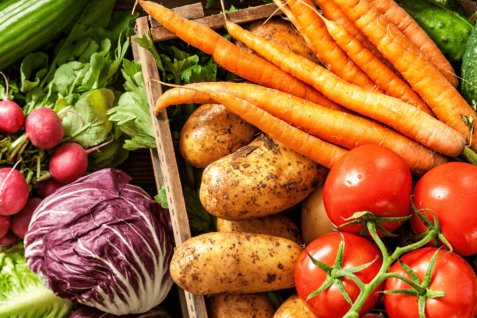 Bunte Auswahl an frischem Gemüse, darunter Karotten, Tomaten, Kartoffeln, Radieschen und Salat in Holzkiste.