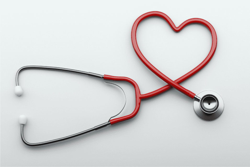 Stethoskop mit rotem Schlauch, der die Form eines Herzens bildet, auf einem hellen Hintergrund.