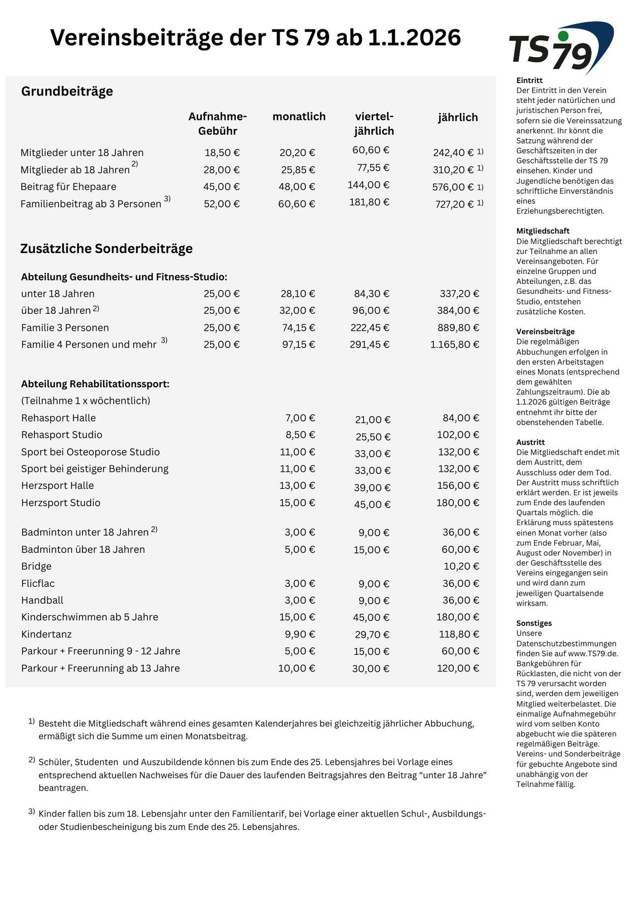 Preisliste der Vereinsbeitr&auml;ge der TS 79, g&uuml;ltig ab 1.1.2026, mit Geb&uuml;hren f&uuml;r verschiedene Mitgliedschaften und Angebote.