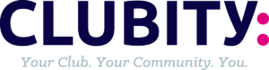 Logo von CLUBITY mit dem Slogan „Your Club. Your Community. You.“ in blauer und pinker Schrift.