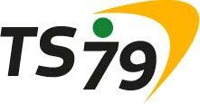 Logo von TS79 mit schwarzer Schrift, einer gr&uuml;nen Kugel und einem gelben Schwungelement.