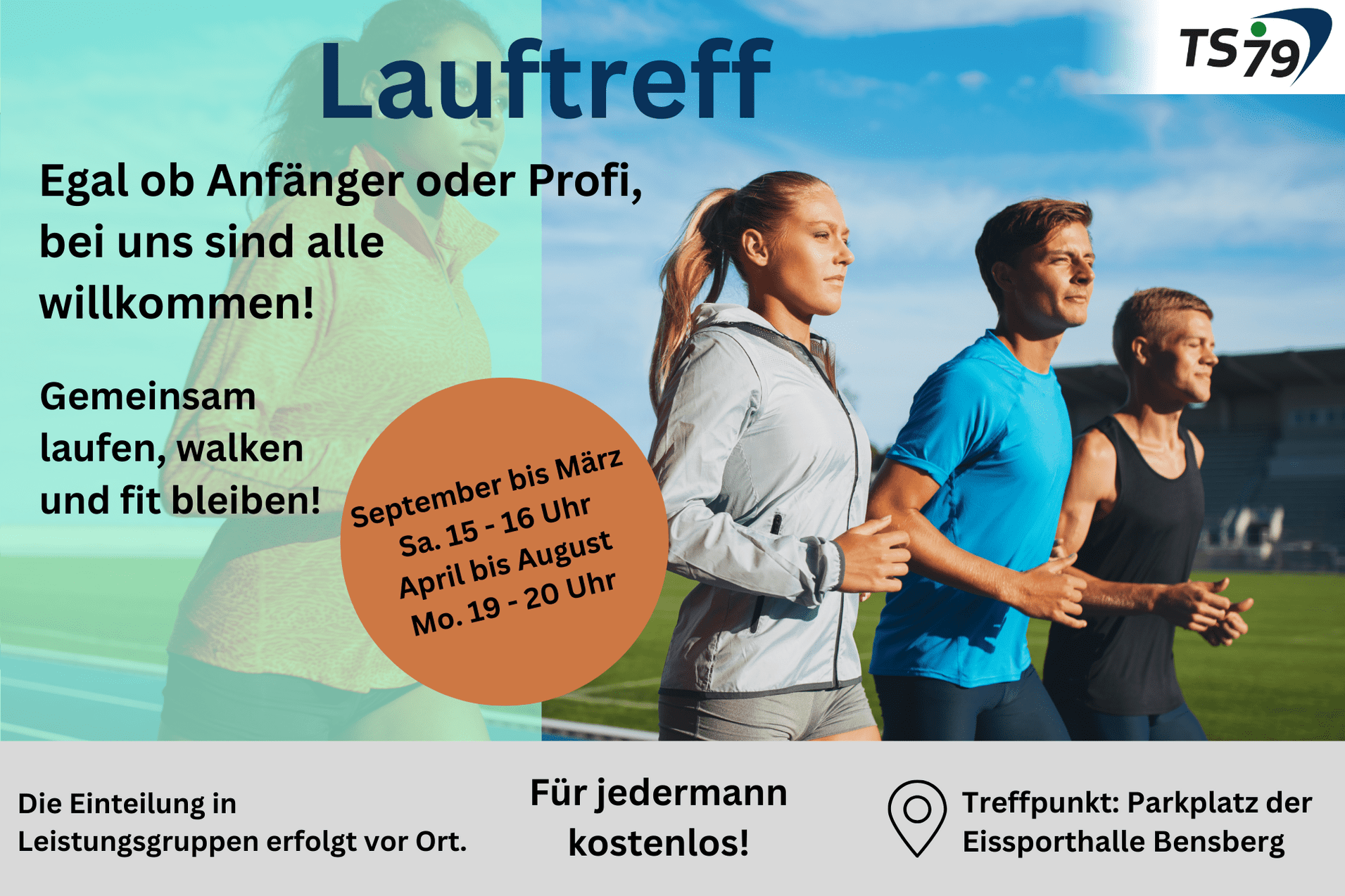Laufgruppe mit drei Personen, die aktiv joggen, umgeben von einer gr&uuml;nen Parklandschaft, mit Veranstaltungsinfos im Hintergrund.