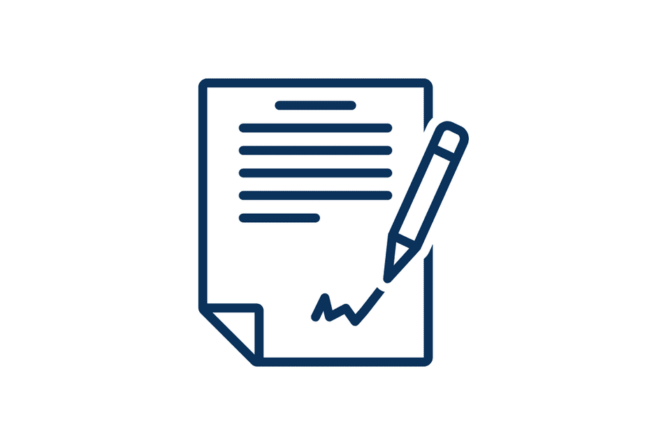 Icon eines Blatts mit Text und einem Bleistift, der auf dem Blatt platziert ist.