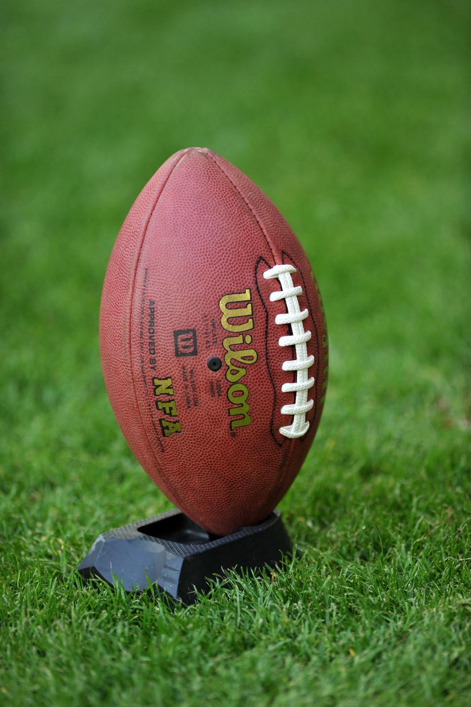 Ein American Football steht in einem Halter auf grünem Gras.